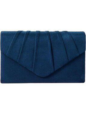 Womens Navy Blue Suede Velvet Clutch Purse Pleated Evening Wedding Party Handbag